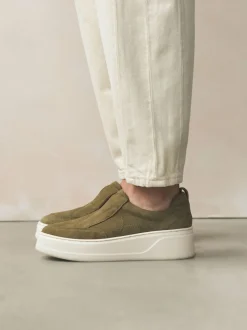 Khaki Green Slip On Signature Leather Chunky Wedge Platform Trainers