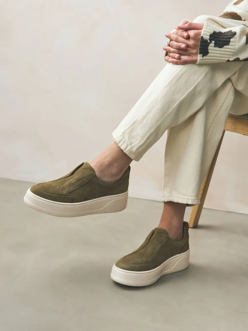Khaki Green Slip On Signature Leather Chunky Wedge Platform Trainers