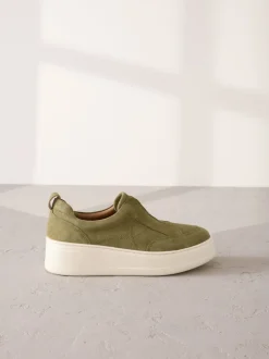 Khaki Green Slip On Signature Leather Chunky Wedge Platform Trainers