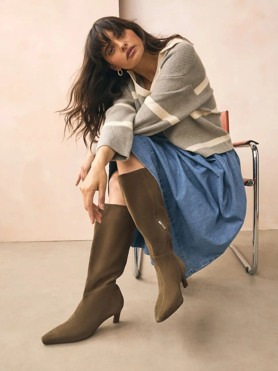 Khaki Green Suede Forever Comfort® Knee High Chisel Toe Heeled Boots