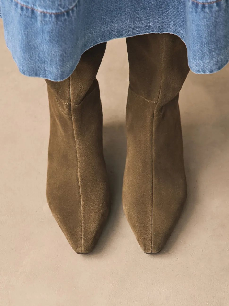 Khaki Green Suede Forever Comfort® Knee High Chisel Toe Heeled Boots