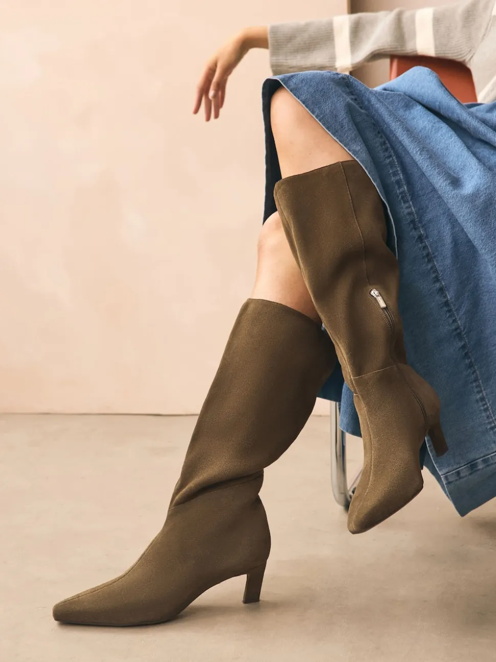 Khaki Green Suede Forever Comfort® Knee High Chisel Toe Heeled Boots