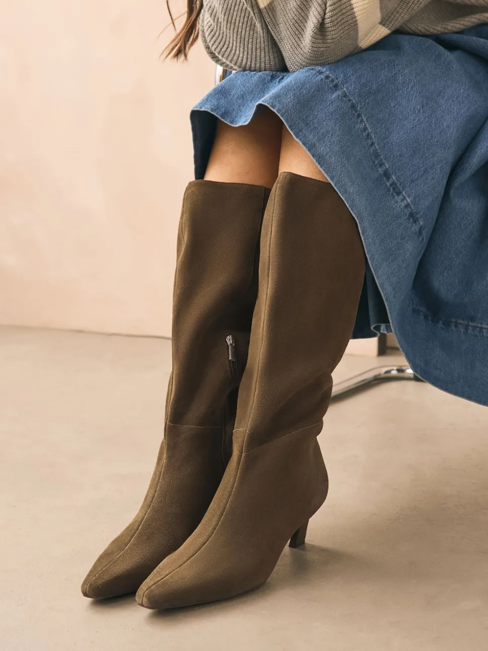 Khaki Green Suede Forever Comfort® Knee High Chisel Toe Heeled Boots