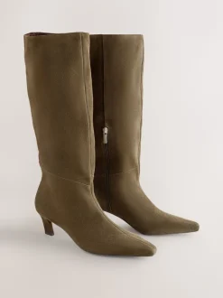 Khaki Green Suede Forever Comfort® Knee High Chisel Toe Heeled Boots