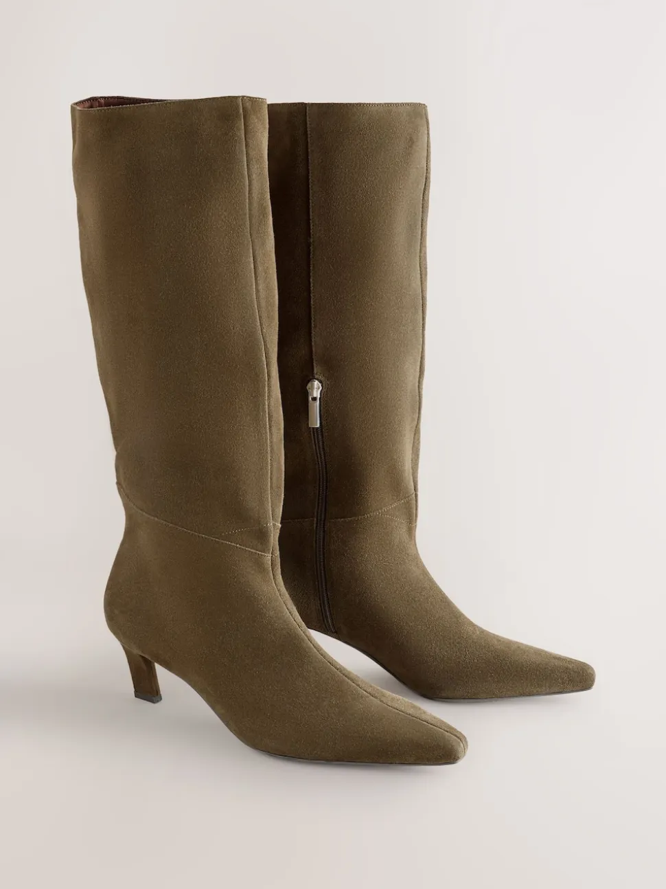 Khaki Green Suede Forever Comfort® Knee High Chisel Toe Heeled Boots