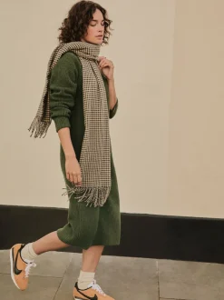 Khaki Green Super Soft V-Neck Midi Dress With Wool