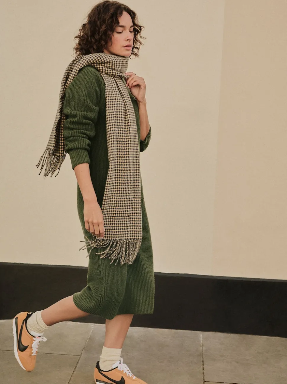 Khaki Green Super Soft V-Neck Midi Dress With Wool