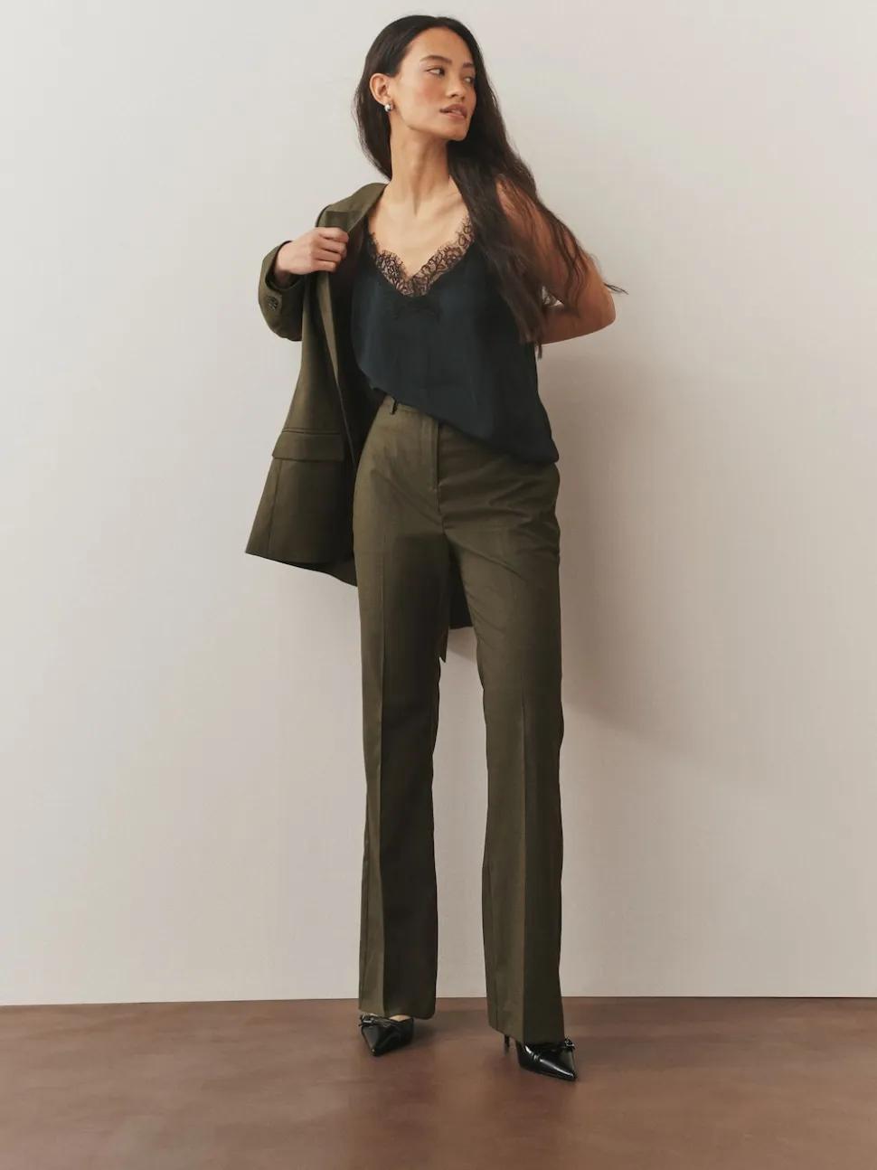 Khaki Green Tailored Bootcut Trousers With Wool