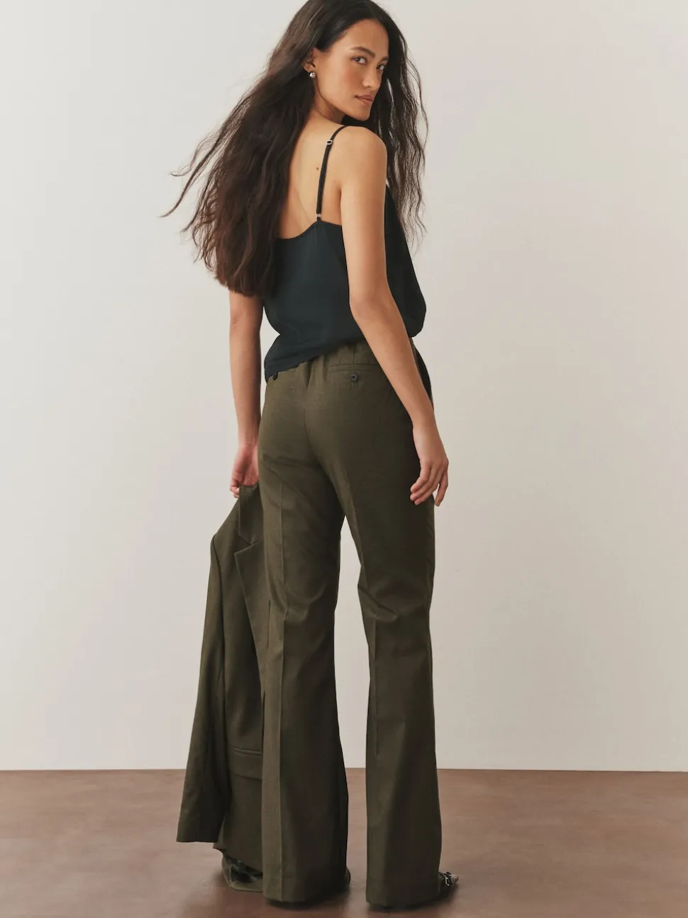 Khaki Green Tailored Bootcut Trousers With Wool