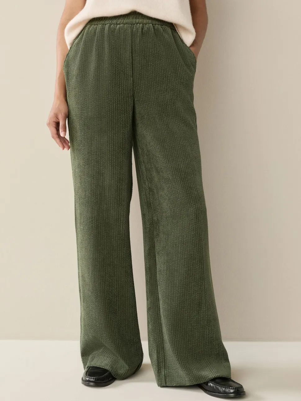 Khaki Green Wide Leg Soft Cord Trousers