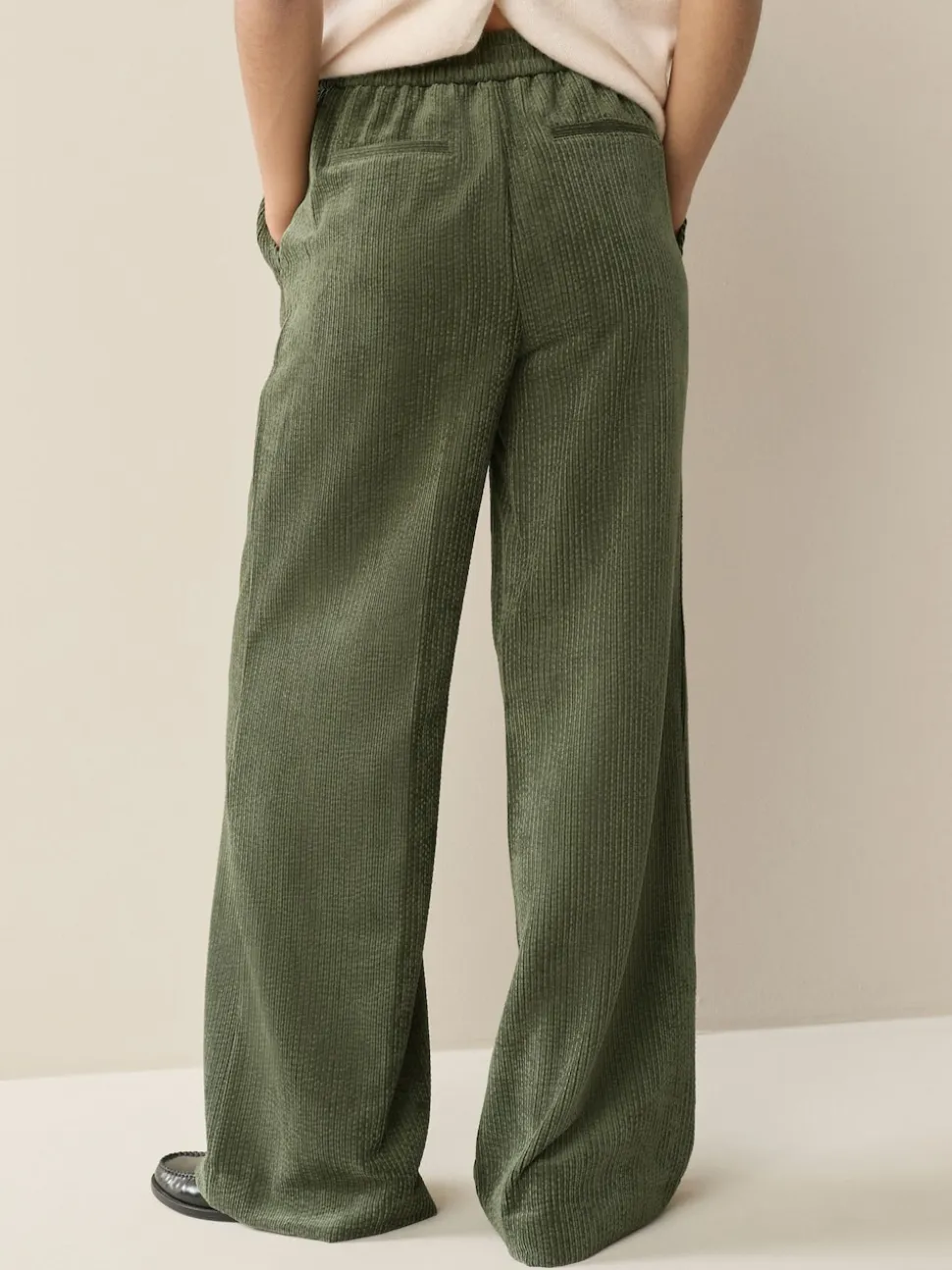 Khaki Green Wide Leg Soft Cord Trousers