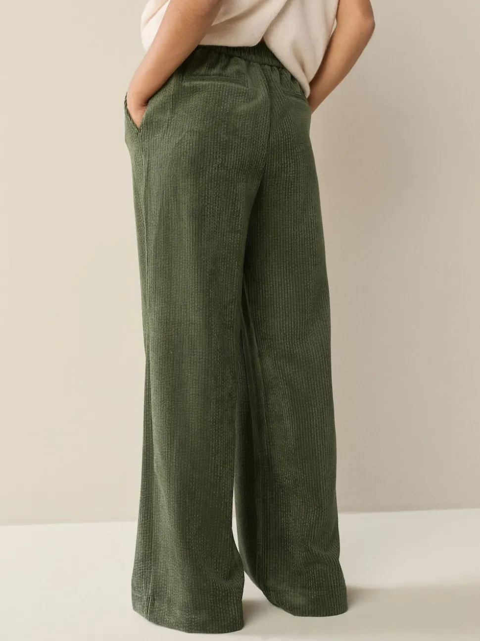 Khaki Green Wide Leg Soft Cord Trousers