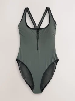 Khaki Green Zipped Shaping Tummy Control Swimsuit