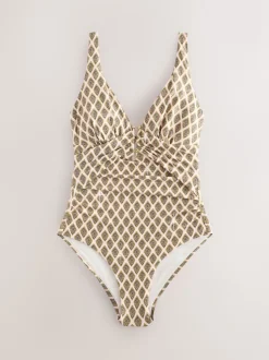 Khaki Green/Cream Foil Woodblock Utrim Tummy Control Plunge Swimsuit
