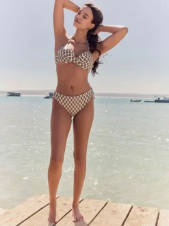Khaki Green/Cream Foil Woodblock Padded Wired Plunge Bikini Top