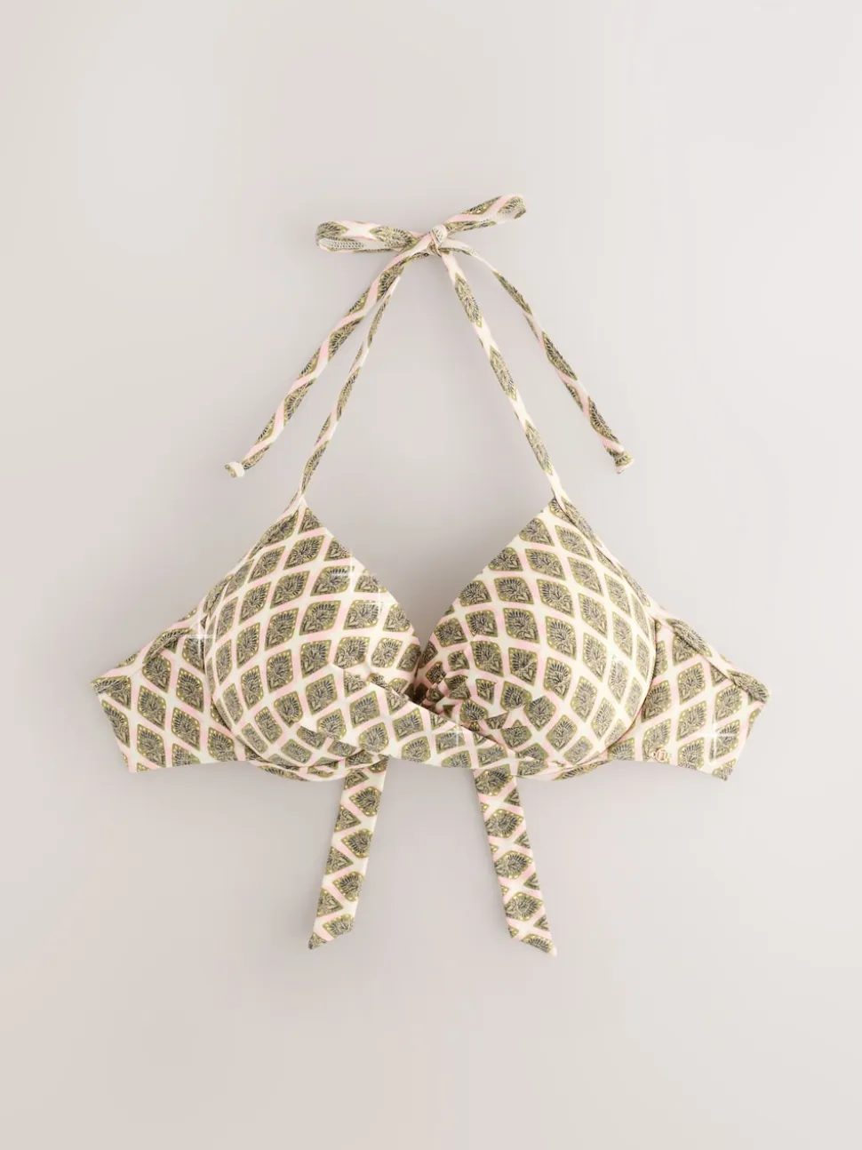 Khaki Green/Cream Foil Woodblock Padded Wired Plunge Bikini Top