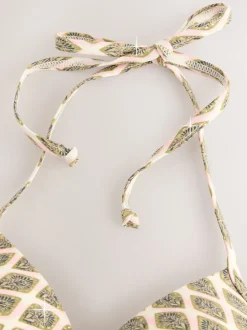 Khaki Green/Cream Foil Woodblock Padded Wired Plunge Bikini Top