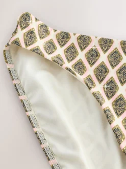 Khaki Green/Cream Foil Woodblock High Leg Bikini Bottoms