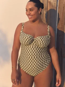 Khaki Green/Cream Foil Woodblock F-K Underwired Tummy Control Swimsuit