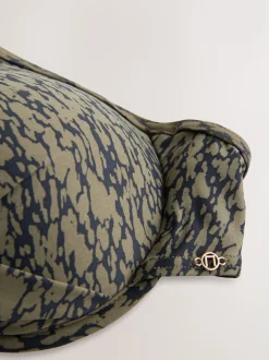 Khaki/Black Print Padded Wired Plunge Bikini Top