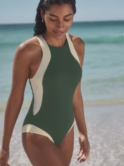Khaki/Cream High Neck Halterneck Tummy Control Swimsuit