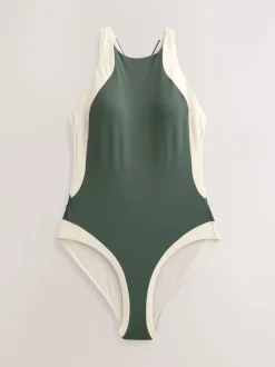 Khaki/Cream High Neck Halterneck Tummy Control Swimsuit