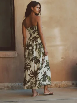 Khaki/Cream Palm Printed Ruched Bandeau Midi Dress with Linen