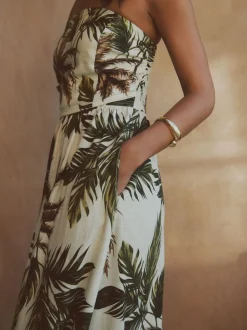 Khaki/Cream Palm Printed Ruched Bandeau Midi Dress with Linen