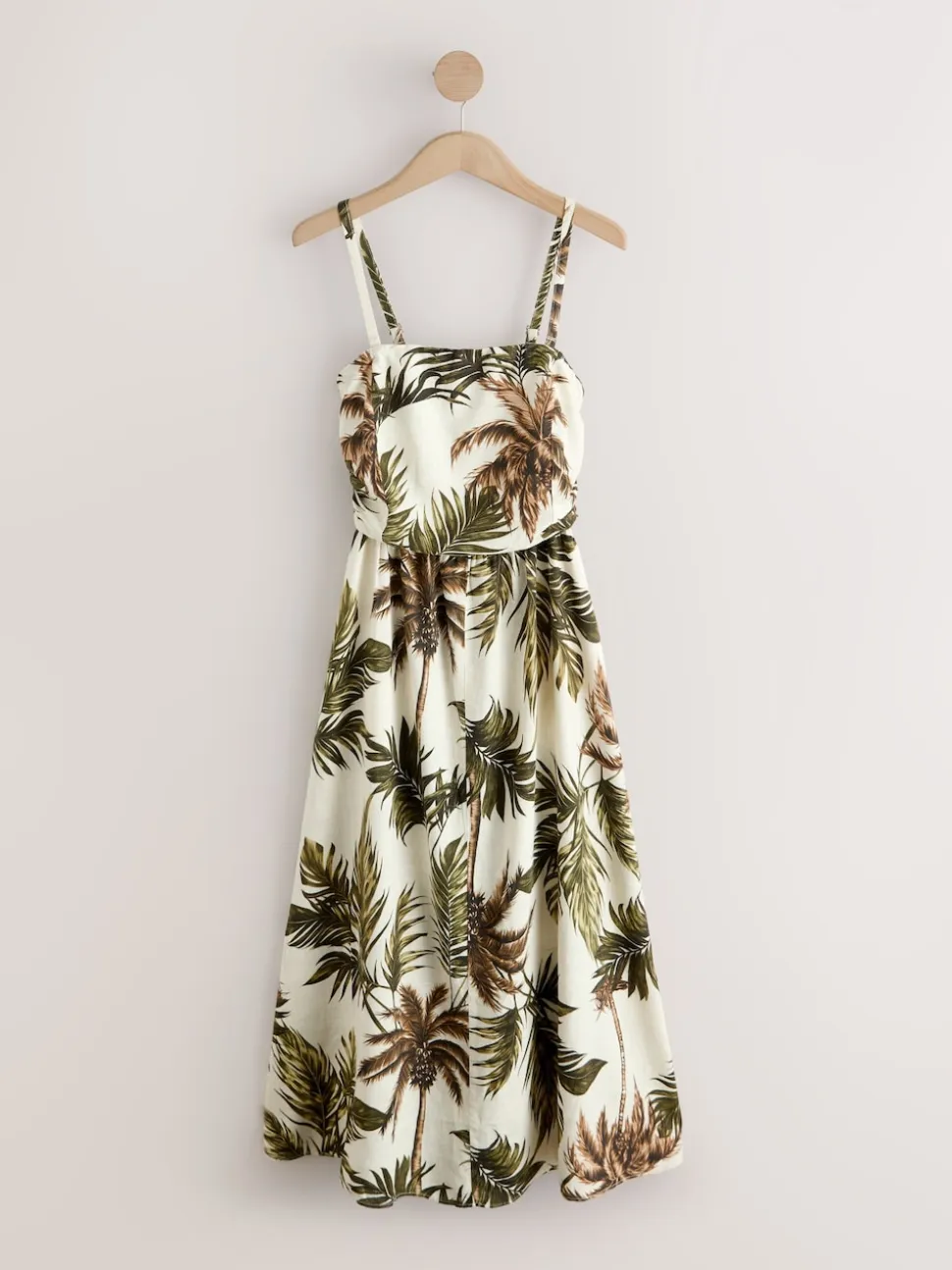 Khaki/Cream Palm Printed Ruched Bandeau Midi Dress with Linen