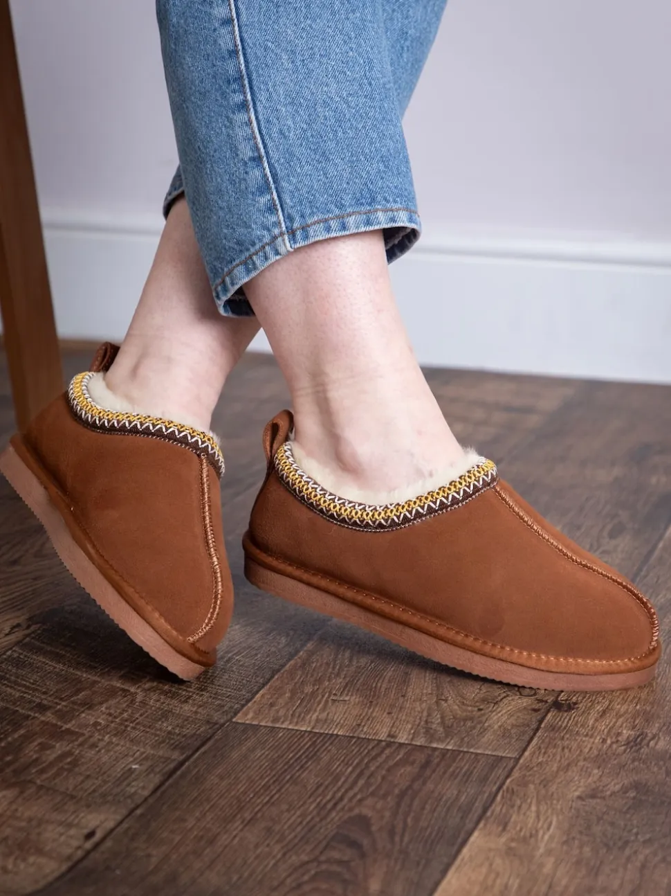 Lakeland Leather Brown Ladies Sheepskin Embroidered Clog Slippers