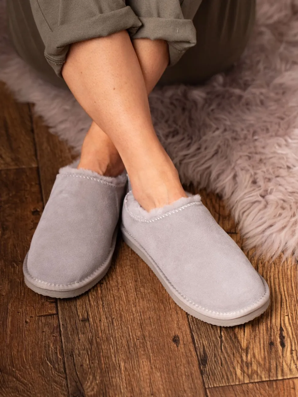 Lakeland Leather Grey Ladies Sheepskin Clog Winter Slippers