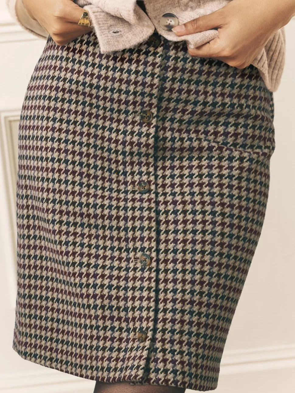Laura Ashley Brown Dogtooth Check Mini Skirt with Wool