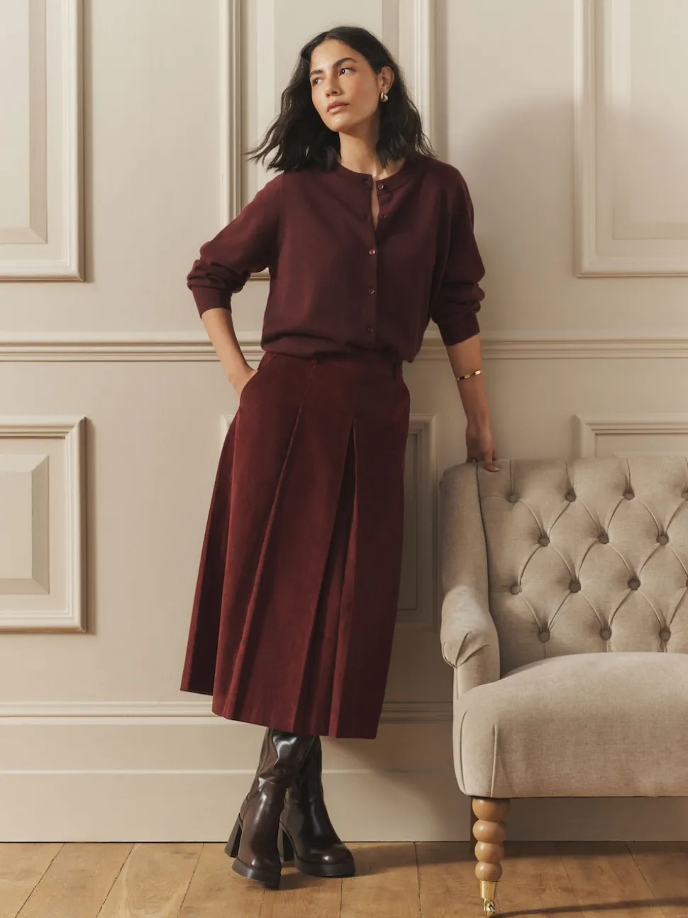 Laura Ashley Burgundy Red Maxi Cord Skirt