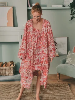 Laura Ashley Pink Peony Cotton Scalloped Woven Robe