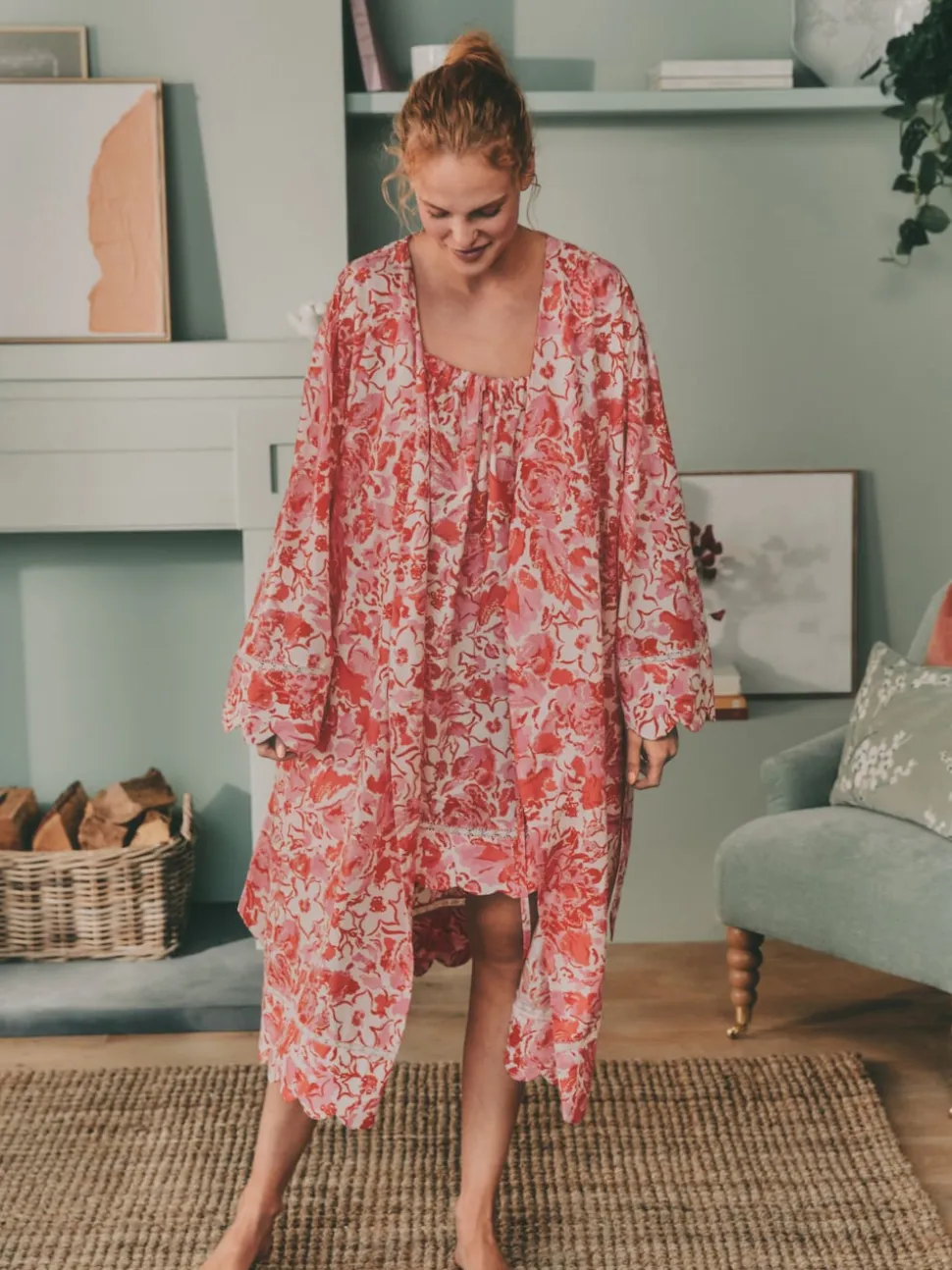 Laura Ashley Pink Peony Cotton Scalloped Woven Robe