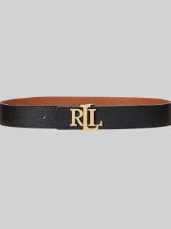 Lauren Ralph Lauren Black/Lauren Tan Wide Logo Reversible Pebbled Leather Belt
