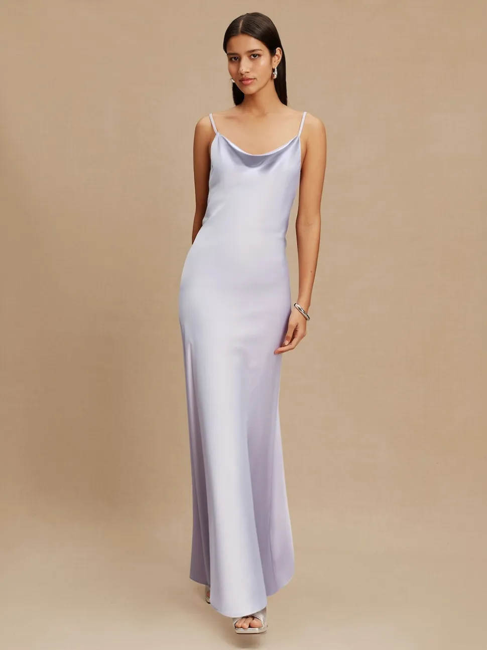 Lavender Purple Satin Cowl Neck Wedding Guest Bridesmaid Maxi Dress