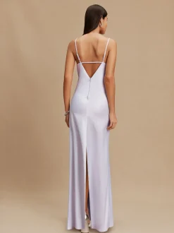 Lavender Purple Satin Cowl Neck Wedding Guest Bridesmaid Maxi Dress