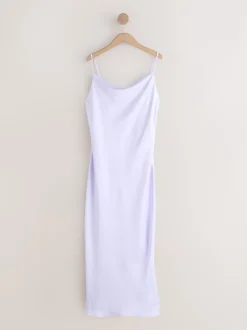 Lavender Purple Satin Cowl Neck Wedding Guest Bridesmaid Maxi Dress
