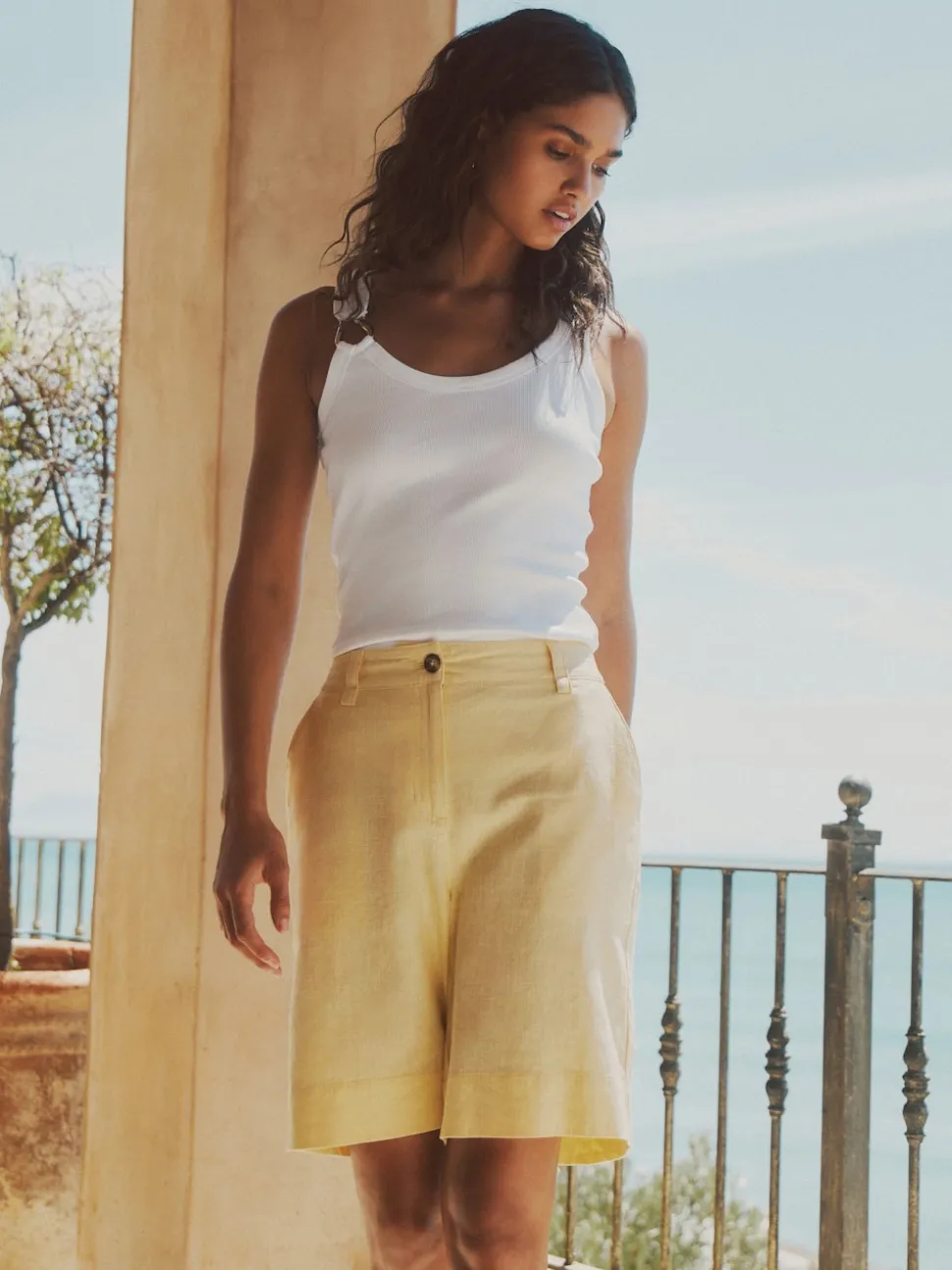 Lemon Yellow Linen Blend Knee Shorts