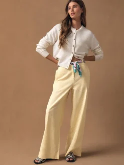 Lemon Yellow Smart Front Linen Blend Wide Leg Trousers