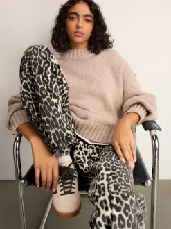 Leopard Print Cotton Wide Leg Jeans