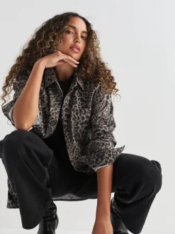 Leopard Print Oversize Denim Shirt