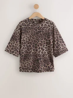 Leopard Print Relaxed Boxy Elbow Length Crew Neck T-Shirt