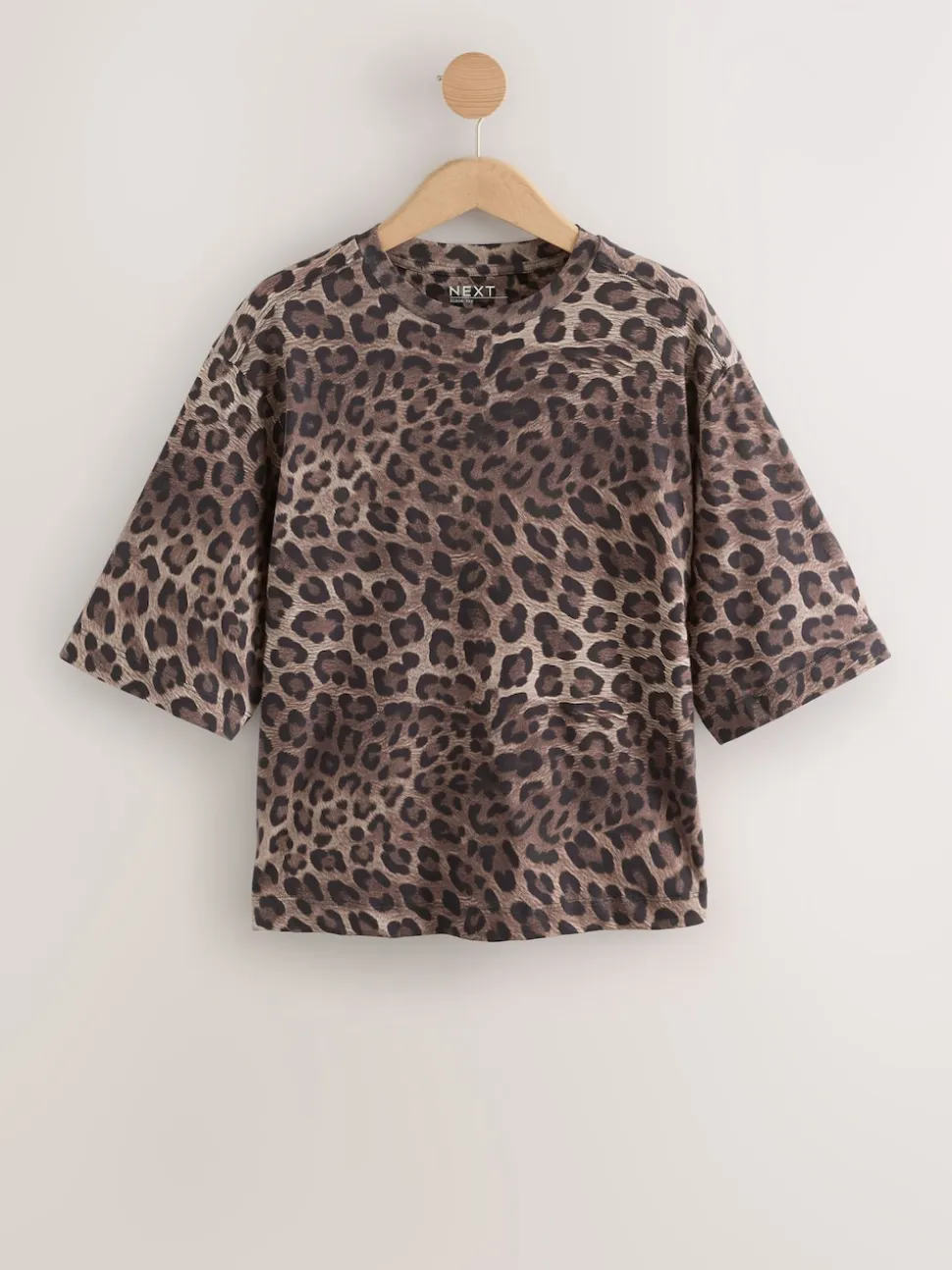 Leopard Print Relaxed Boxy Elbow Length Crew Neck T-Shirt