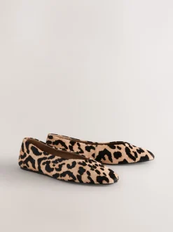 Leopard Print Standard/Wide Fit Leather Round Toe Ballerinas