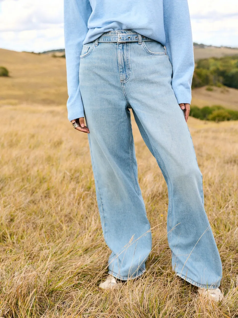 Light Blue Belted Wide Leg Jeans