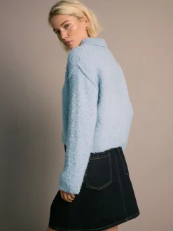 Light Blue Boucle Long Sleeve Polo Jumper