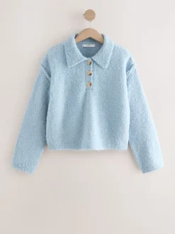 Light Blue Boucle Long Sleeve Polo Jumper