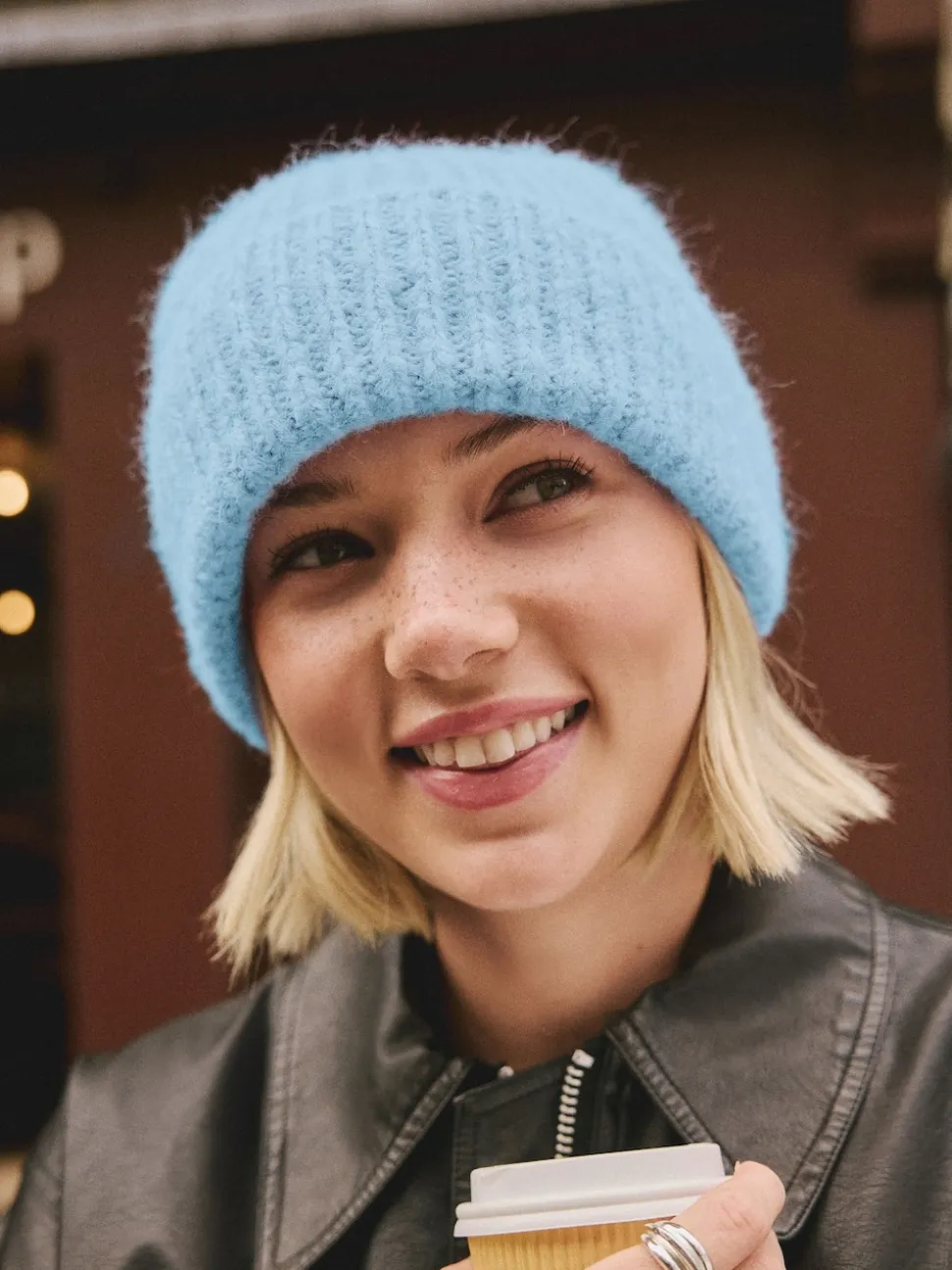 Light Blue Ribbed Beanie Containing Wool Hat